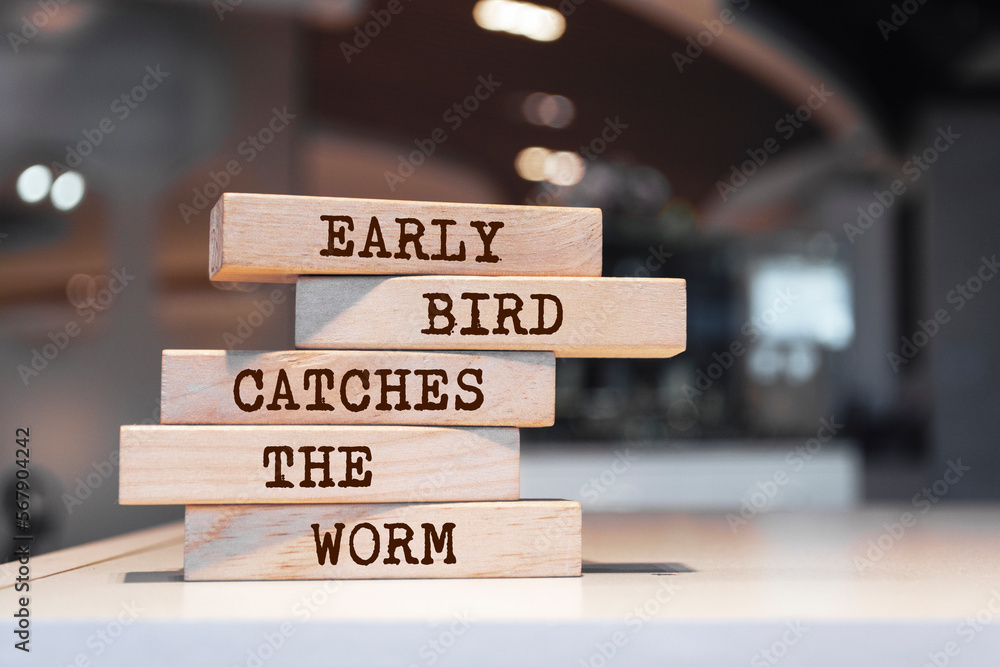 Wooden blocks with words 'Early bird catches the worm'.