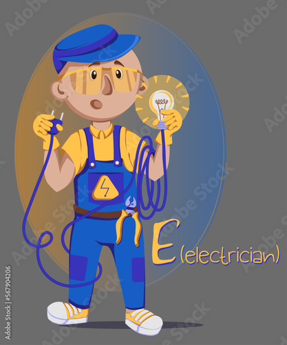 electrician
Illustration of occupations in alphabetical order for children's books or professions day.Letter "E" - electrician, with a light bulb in his hands, wires, electricity 