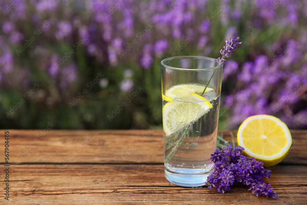 Lemonade with lemon slices and lavender flowers on wooden table outdoors, closeup. Space for text Lemonade with lemon slices and lavender flowers on wooden table outdoors, closeup. Space for text
