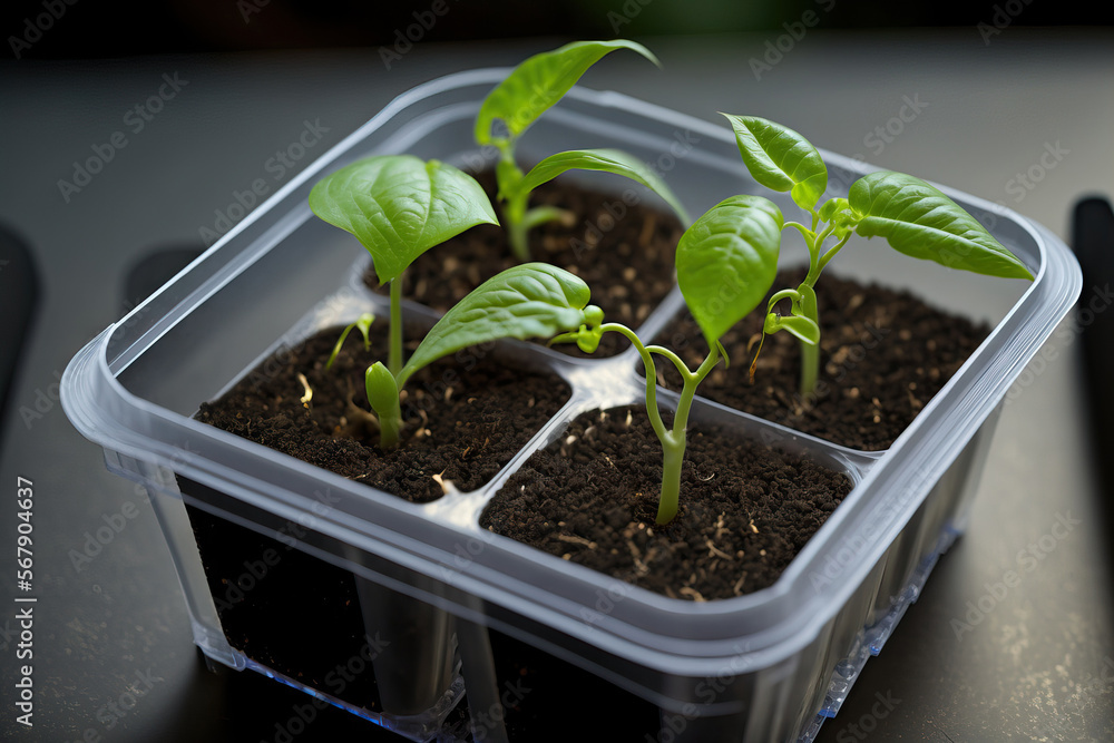 plastic containers with pepper seedlings. establishing seedlings in the greenhouse in the early spring. Generative AI plastic containers with pepper seedlings. establishing seedlings in the greenhouse in the early spring. Generative AI