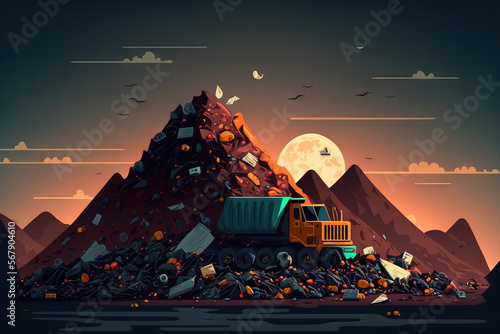 garbage dump pile in a landfill or trash dump, backhoe and truck dumping municipal waste, garbage dump pile and dark sky background, pollution concept. Generative AI