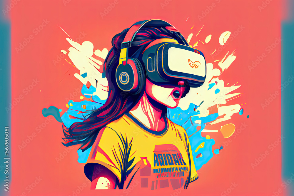 concept of virtual reality technology, graphic of a teenage gamer wearing VR head-mounted playing game concept of virtual reality technology, graphic of a teenage gamer wearing VR head-mounted playing game
