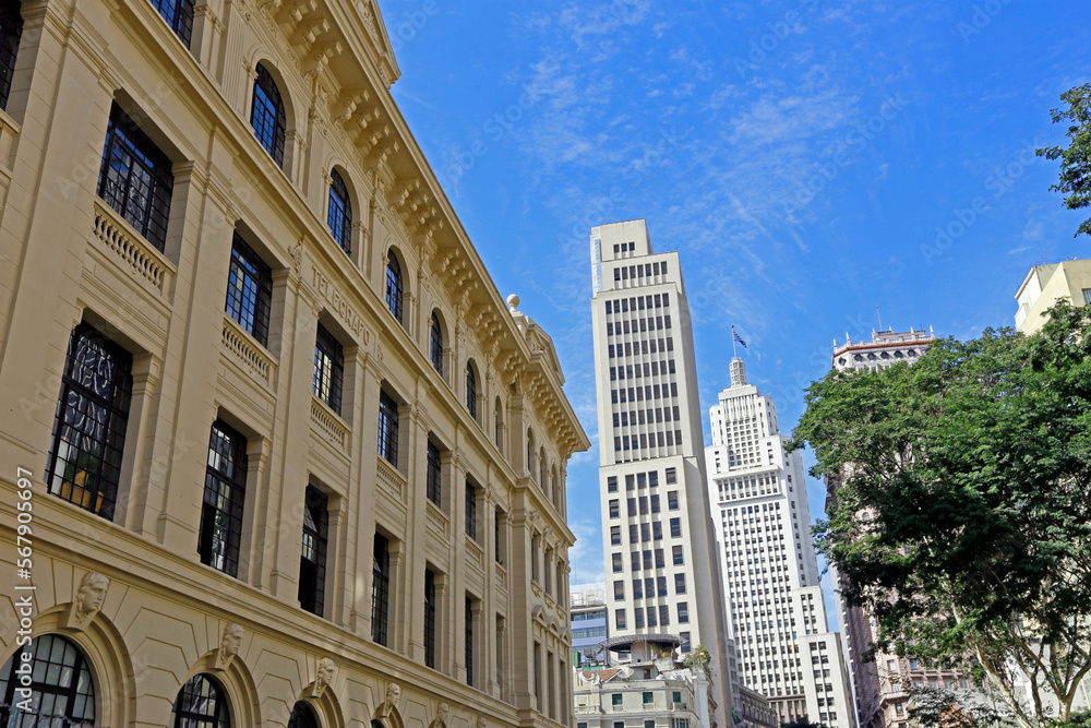 Facade of old building of Post Office Palace or Palacio dos Correios in Portuguese. Sao Paulo downtown, Brazil