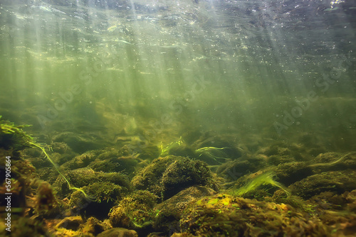 sun rays under water landscape, seascape fresh water river diving