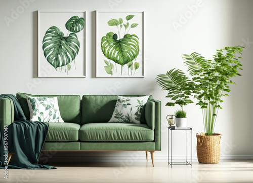 Leaves posters on white wall above green settee with pillows and blanket in spacious living room interior with plants. Generative AI