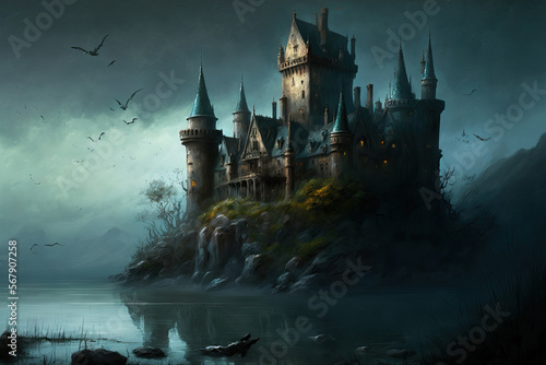 Castle from the Dark Knight fantasy era. Digital and oil paintings. Generative AI