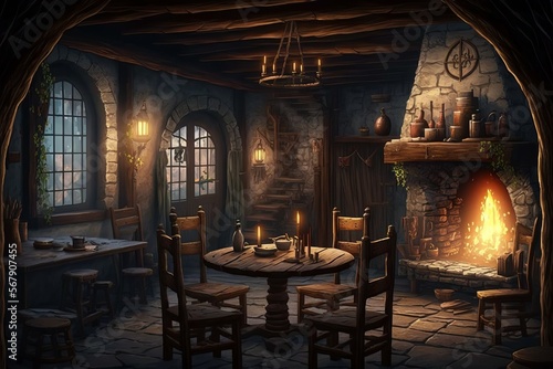 Spacious Interior of Medieval Inn or Tavern, Table and Chairs, Fireplace, Rustic, Fantasy RPG [Generative AI] photo