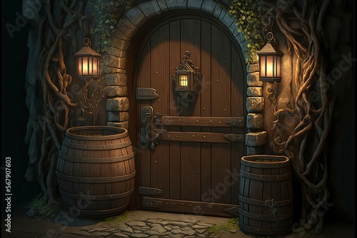 Old Wooden Door with Barrels and Lanterns Exterior of Tavern Medieval Fantasy RPG [Generative AI]