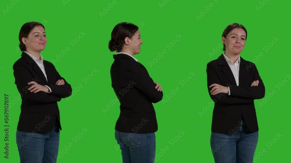 Close up of young accountant wearing formal suit in studio, acting positive and confident over green screen backdrop. Corporate worker being cheerful, company employee smiling on camera. Close up of young accountant wearing formal suit in studio, acting positive and confident over green screen backdrop. Corporate worker being cheerful, company employee smiling on camera.
