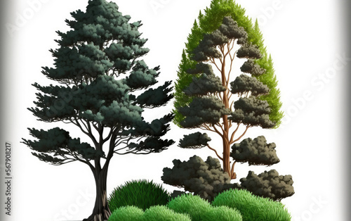 Cut out shrubs for landscaping or garden design. Isolated group of pine trees against a white background. For professional composition  use photorealism. Generative AI