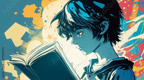 Illustration of happy boy reading a book. Japanese anime or manga style illustration of a teenager reading a novel. Drawing with lights and shadows. Handsome guy. Generative ai. photo