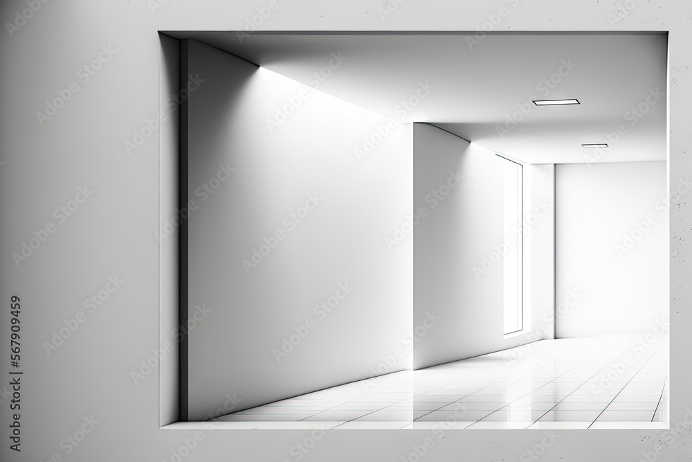 Front view on blank white and light grey glossy wall with place for your advertising poster or campaign in abstract empty tunnel area. , mock up. Generative AI Front view on blank white and light grey glossy wall with place for your advertising poster or campaign in abstract empty tunnel area. , mock up. Generative AI