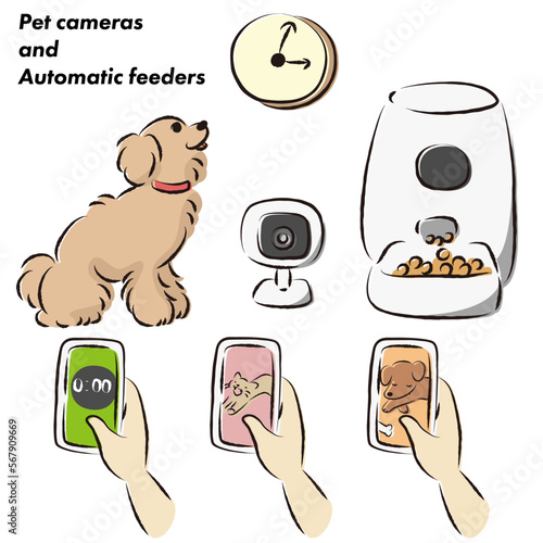 ペットの自動給餌器・犬・スマホ・ペットカメラのイラストセット