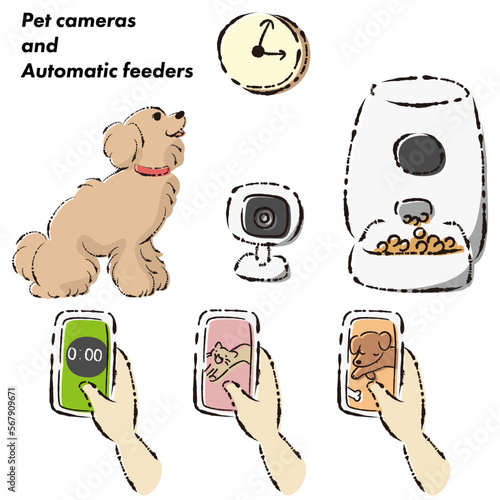 ペットの自動給餌器・犬・スマホ・ペットカメラのイラストセット