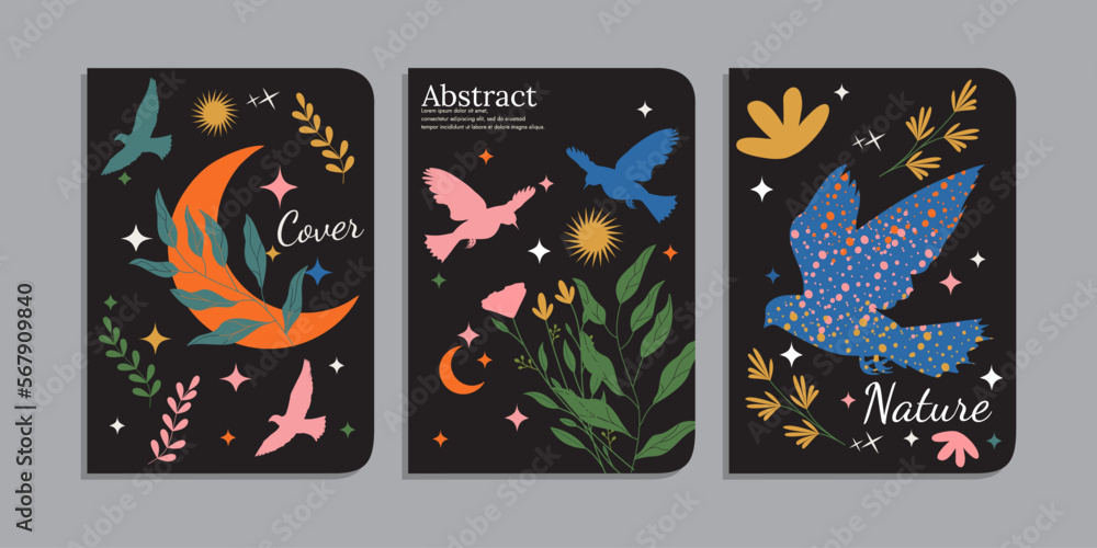 Set of abstract mystic style covers with birds, flowers, moon, sun, sparkle, leaves, floral elements. cover bohemian celestial style
