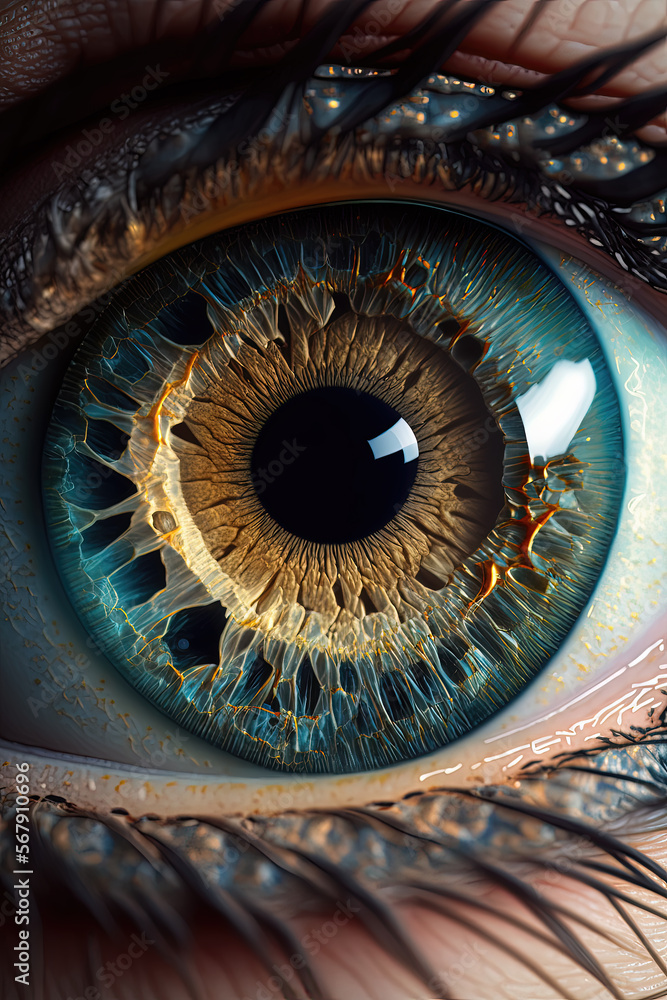 Extreme close-up of a blue yellow orange eye. Digital illustration created with Generative AI.
