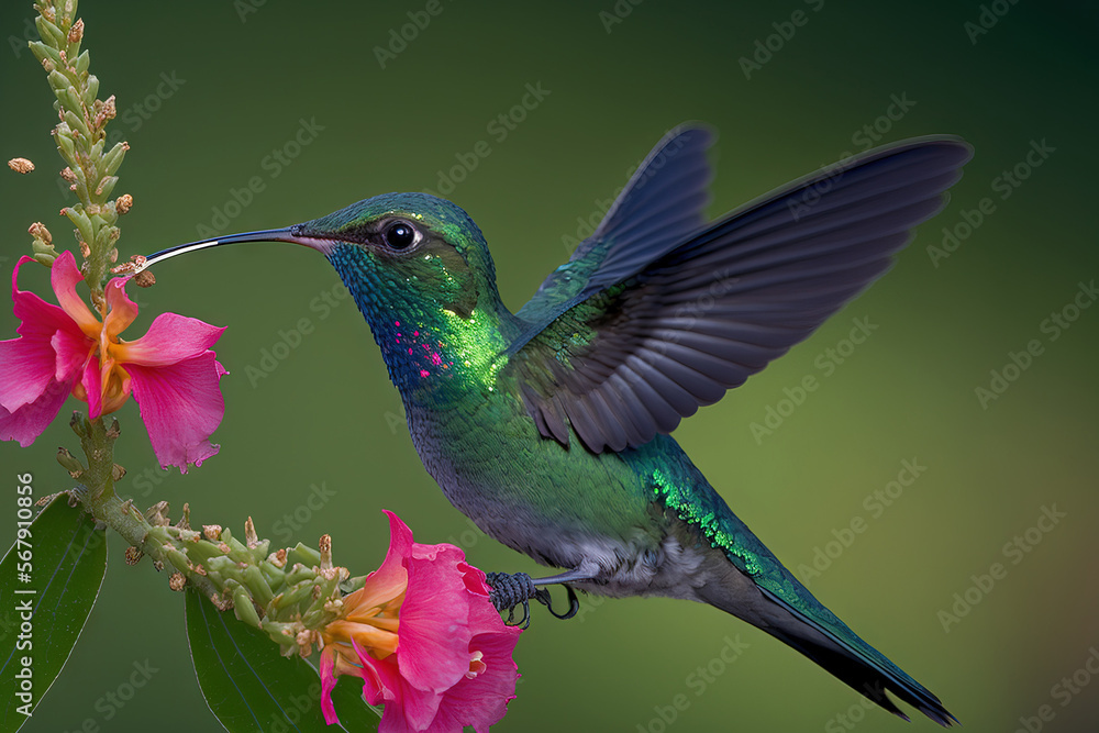 Male Broad billed Hummingbird, Cynanthus latirostris, seen in Madera Canyon, Arizona, USA, in May eating on Nicotiana (Nicotiana sp. Generative AI Male Broad billed Hummingbird, Cynanthus latirostris, seen in Madera Canyon, Arizona, USA, in May eating on Nicotiana (Nicotiana sp. Generative AI