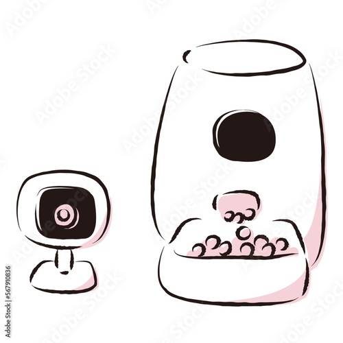 ペット用の自動給餌器と遠隔操作できる見守り用ペットカメラのイラストセット