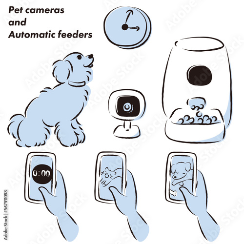 ペットの自動給餌器・犬・スマホ・ペットカメラのイラストセット