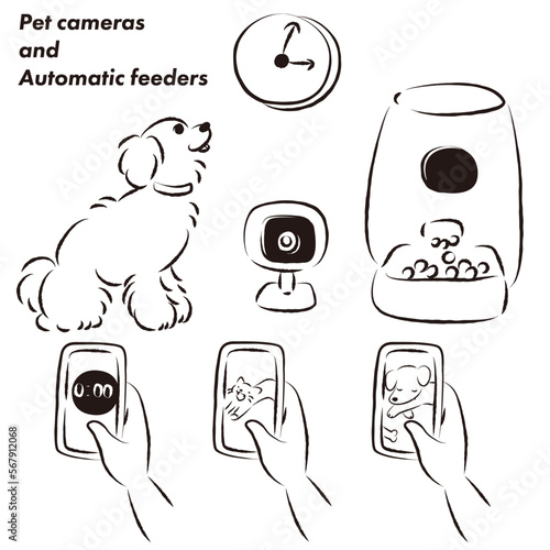 ペットの自動給餌器・犬・スマホ・ペットカメラのイラストセット
