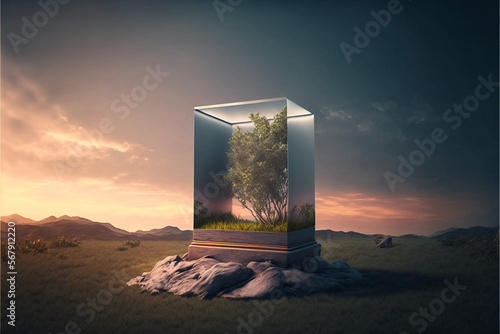 outdoor nature glass product display case podium pedestal, generative ai