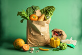 On a green background, sorted kitchen garbage is seen in paper eco bags. Compost container. a sustainable way of living. Peels from fruits and vegetables and leftover food scraps are collected in a ga