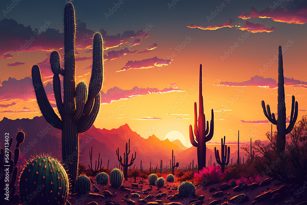 Cactus Sunset Desert Background, Stunning Landscape, Sunset, Sunrise