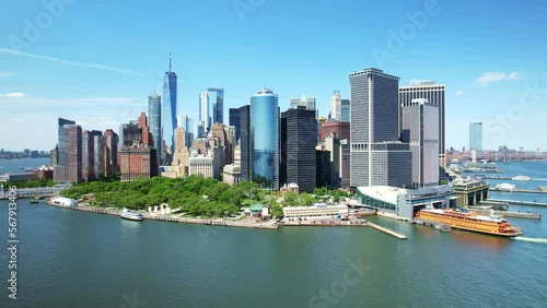 Aerial view New York city. Drone Staten Island Ferry from NYC, Manhattan. Urban commuter life, modern city in America. 