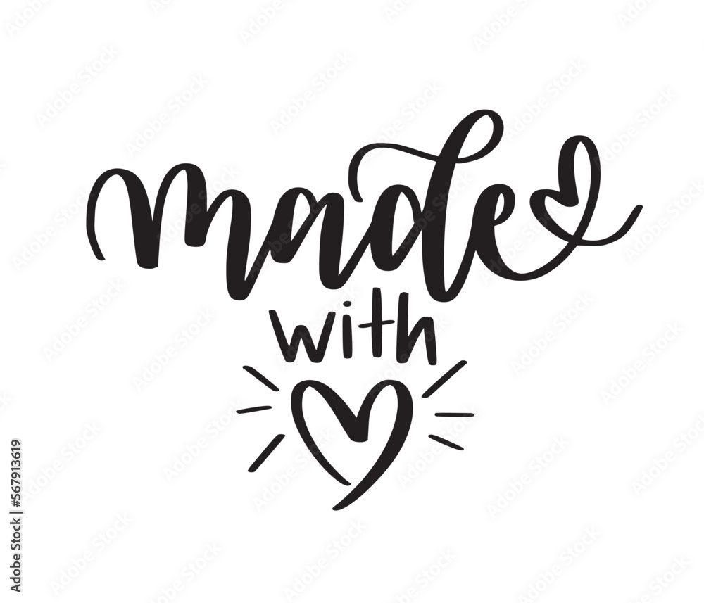 Obraz premium Made with love doodle badge with heart. Modern brush calligraphy cute design element. Vector typography illustration