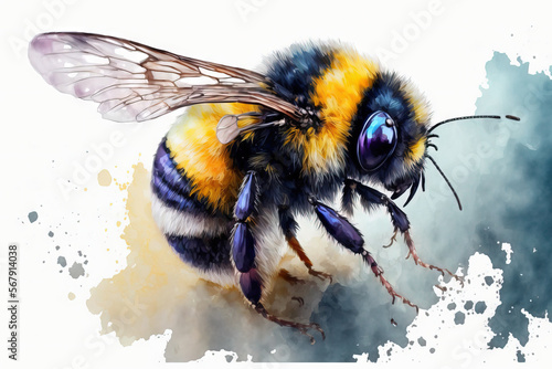 Valokuvatapetti On a white background, a bumblebee is depicted in watercolor