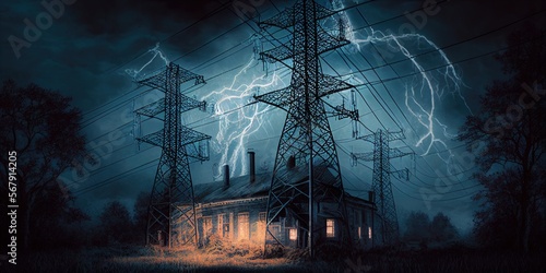 House with electrical towers with lightning created by Generative AI
