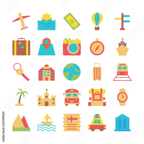 Tour and travel icons set. Holiday tourism, vacation, trip vector symbol collection
