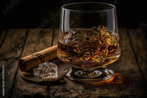 Cigar and whiskey on the rock with ice cube. Bourbon glass on  a wooden table and dark background. Generated by AI.