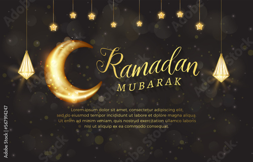 beautiful ramadan mubarak 2023 with beautiful shiny luxury islamic ornament and abstract gradient black and golden background design
