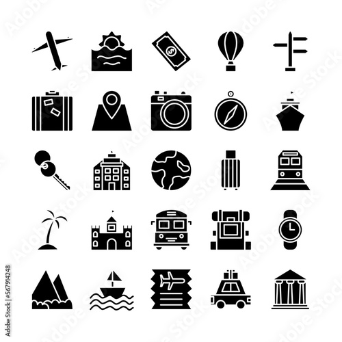 Tour and travel icons set. Holiday tourism, vacation, trip vector symbol collection