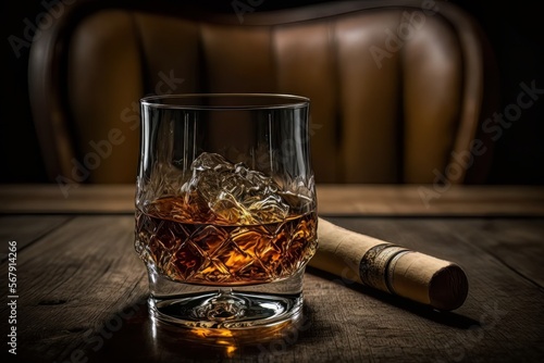 Glass of whiskey and a cigar on a wooden table. Blurry leather chair on the back. Generated by AI.