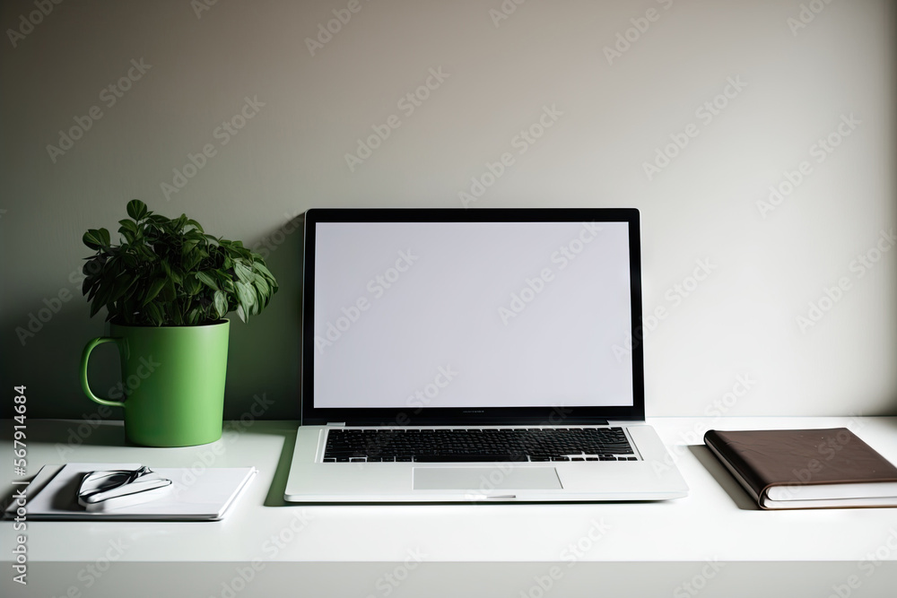 Fototapeta premium At the desk in the room is a modern laptop with a blank screen. Generative AI