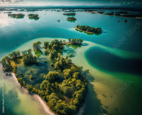 Aerial view of the summertime Lake Chiemsee in Bavaria. Generative AI