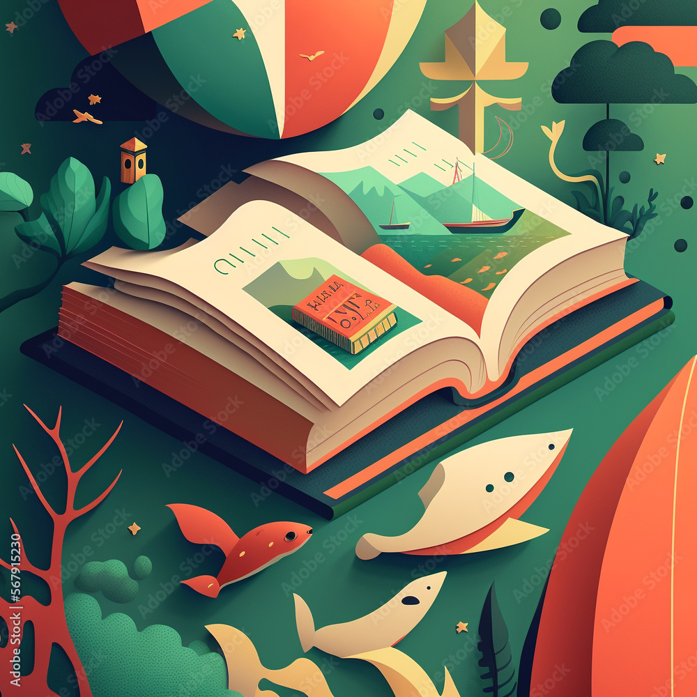 Flat design cartoon World Book Day illustration. Open book with stories