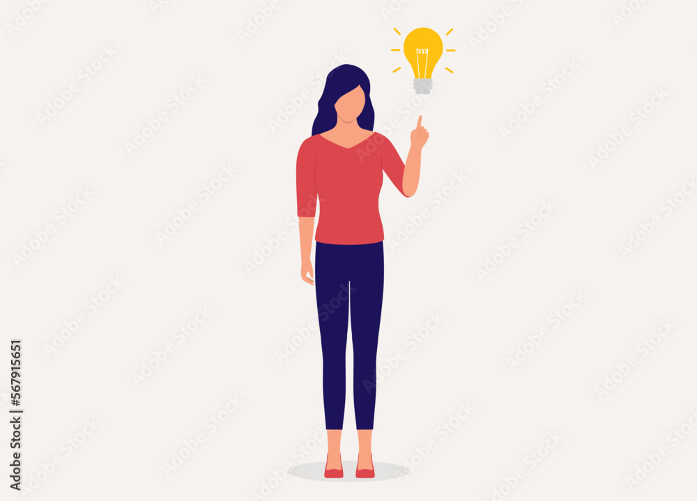 One Woman Thinking With One Finger Pointing Up A Yellow Light Bulb. Full Length. Flat Design Style, Character, Cartoon. One Woman Thinking With One Finger Pointing Up A Yellow Light Bulb. Full Length. Flat Design Style, Character, Cartoon.