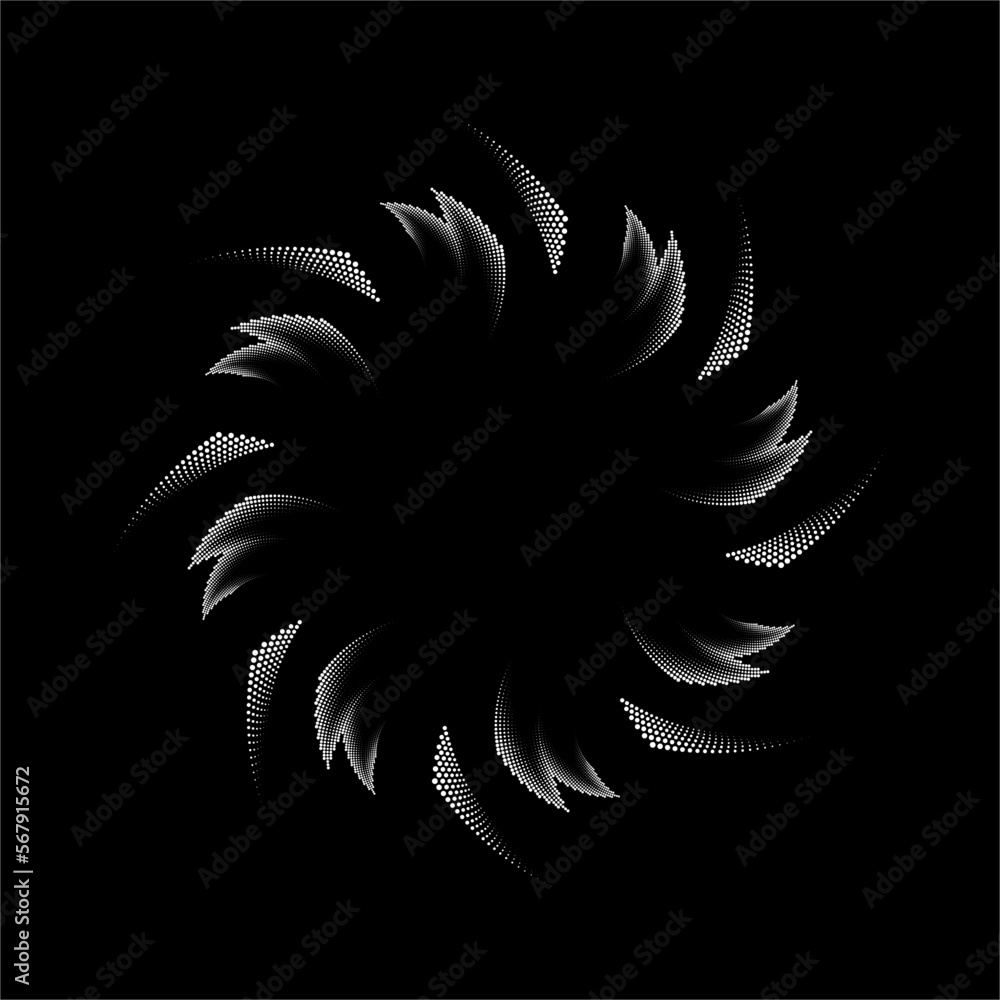 White rotated halftone dotted lines in circle form. Segmented circle. Geometric art. Circular shape. Trendy design element for border frame, round logo, tattoo, sign, symbol, web pages, print White rotated halftone dotted lines in circle form. Segmented circle. Geometric art. Circular shape. Trendy design element for border frame, round logo, tattoo, sign, symbol, web pages, print