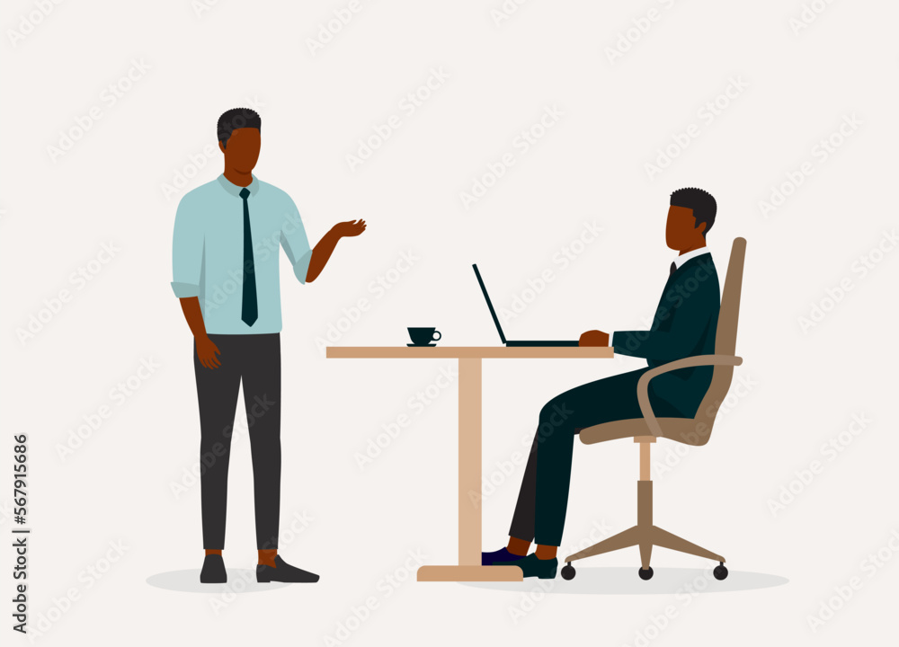 Black Man Employee Talking To His Manager Sitting At Working Desk. Full Length. Flat Design Style, Character, Cartoon.