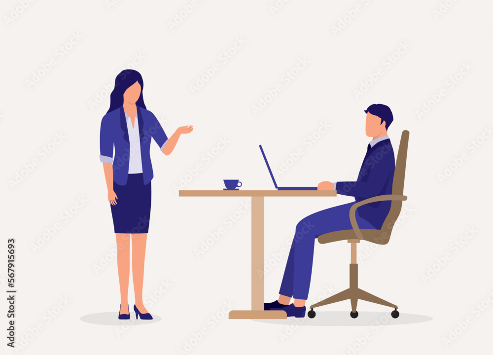 Woman Employee Talking To Man Manager Sitting At Working Desk. Full Length. Flat Design Style, Character, Cartoon. Woman Employee Talking To Man Manager Sitting At Working Desk. Full Length. Flat Design Style, Character, Cartoon.