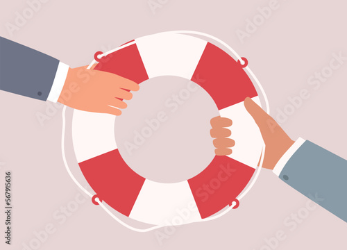 Two Businessman’s Hands In Businesswear Holding A Lifesaver. Close-Up. Flat Design Style, Character, Cartoon.