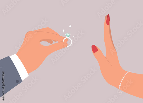 Female’s Hand Rejecting Marriage Proposal With Male’s Hand In Businesswear Holding A Big Shiny Diamond Ring. Turned Down. Decline. Close-Up. Flat Design Style, Character, Cartoon.