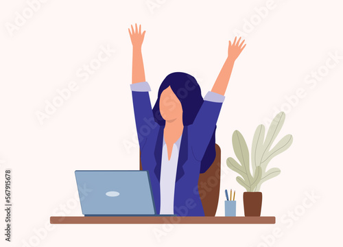 One Businesswoman Sitting At Working Desk With Laptop, Stretching And Raising Both Her Arms. Half Length. Flat Design Style, Character, Cartoon.