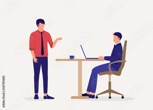 Man Employee Talking To His Manager Sitting At Working Desk. Full Length. Flat Design Style, Character, Cartoon.