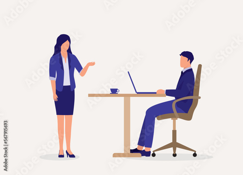 Woman Employee Talking To Man Manager Sitting At Working Desk. Full Length. Flat Design Style, Character, Cartoon.