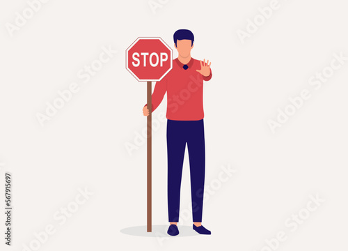 One Young Man Holding A Stop Sign With One Hand In Stop Gesture. Full Length. Flat Design Style, Character, Cartoon.