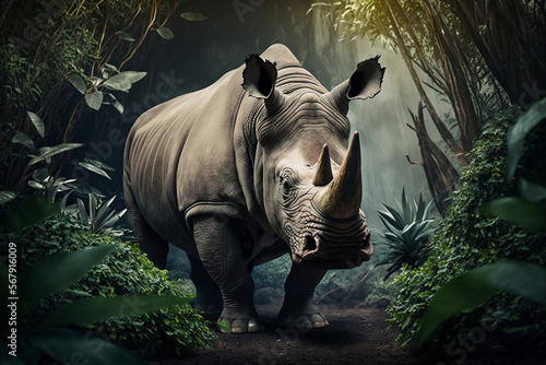 A rhinoceros is lurking behind the leaves. Generative AI. Lovely rhinoceros wallpaper. photo